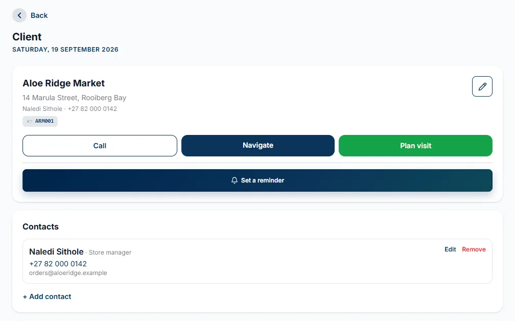 A sales rep's client screen with a pencil button to edit the client, plus Call, Navigate, Plan visit and Set a reminder actions and the client's contacts